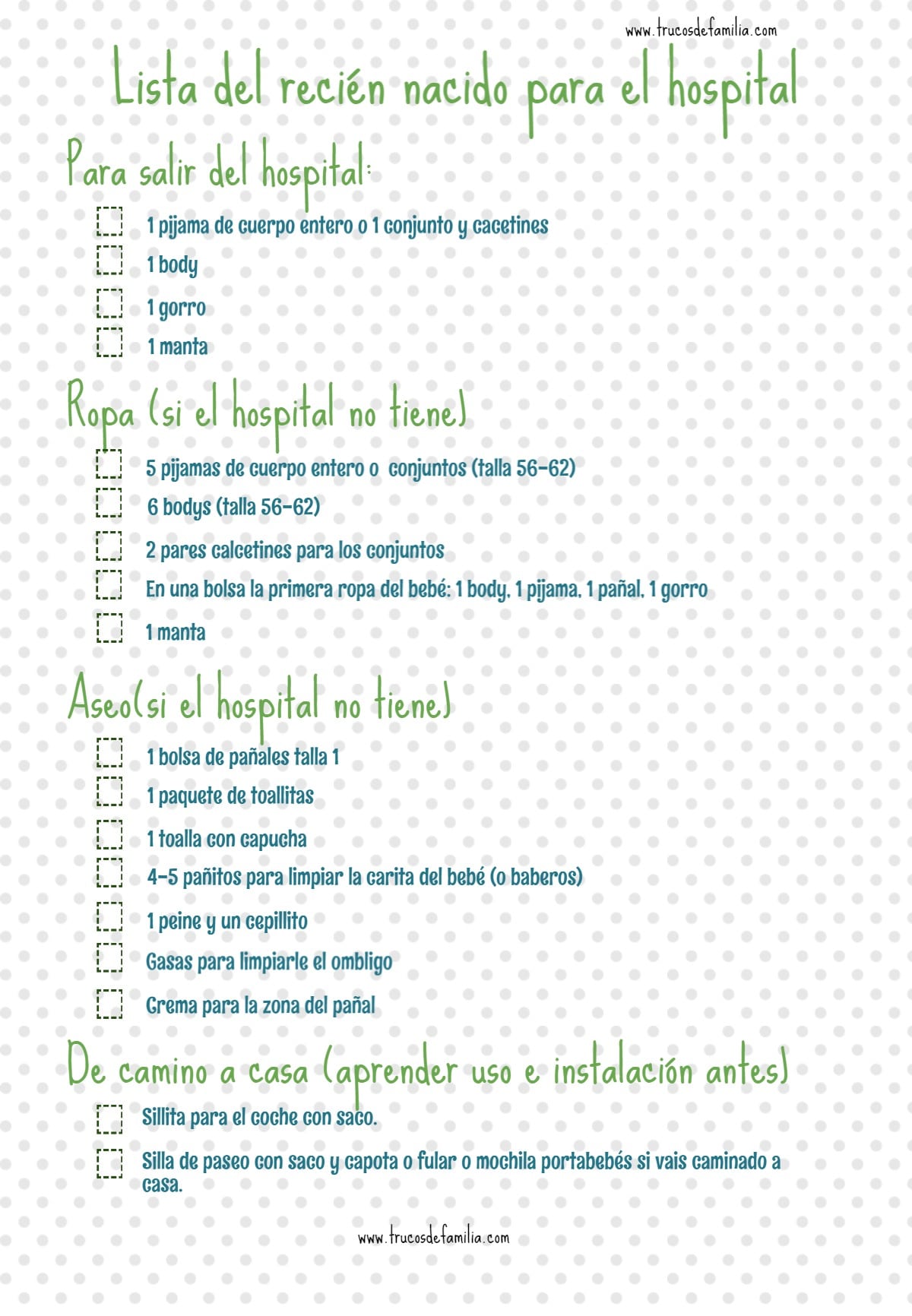 Checklist de la bolsa del recién nacido para el hospital