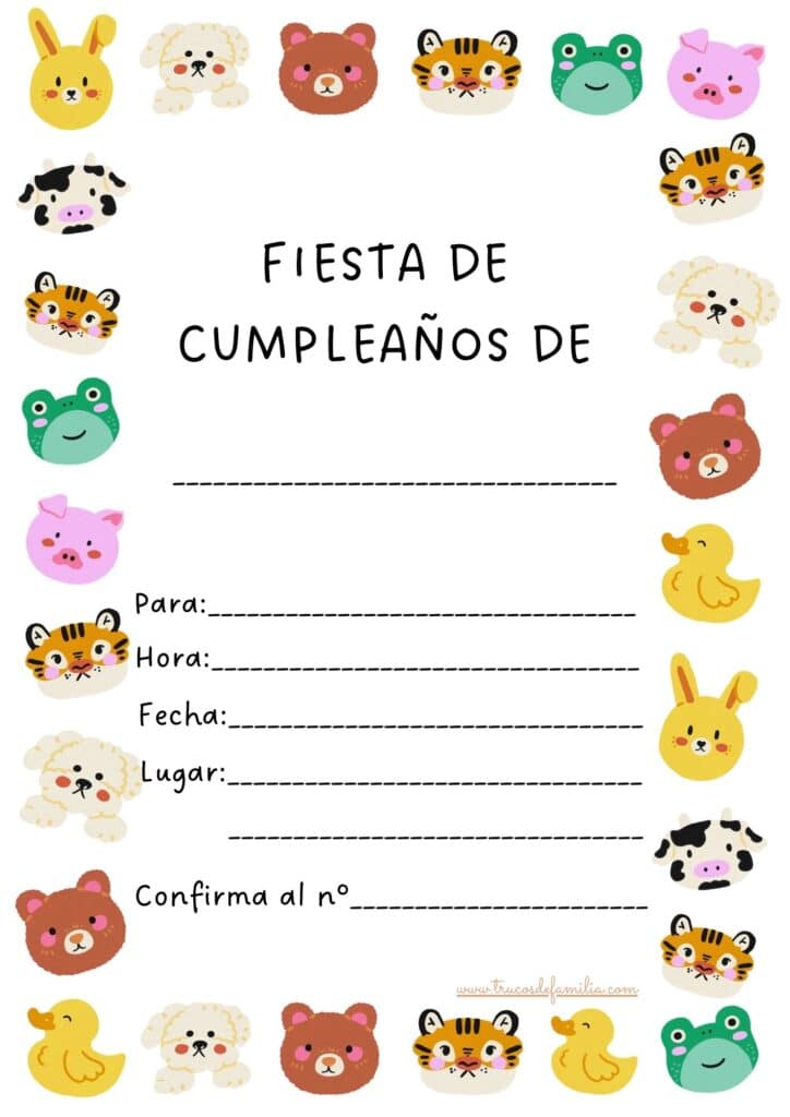 Invitación de cumpleaños infantil 6 Animales Colores